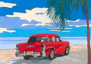 Red Car on the Beach - Original Rochelle Hoey Artwork