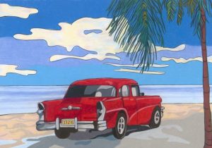 Red Car on the Beach - Original Artwork by Rochelle Hoey